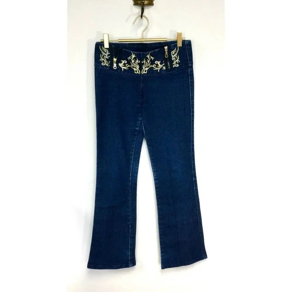 L K Best Womens Size 28 Denim‎ Jeans Blue Gold Embroidery Flare Leg Medium Wash